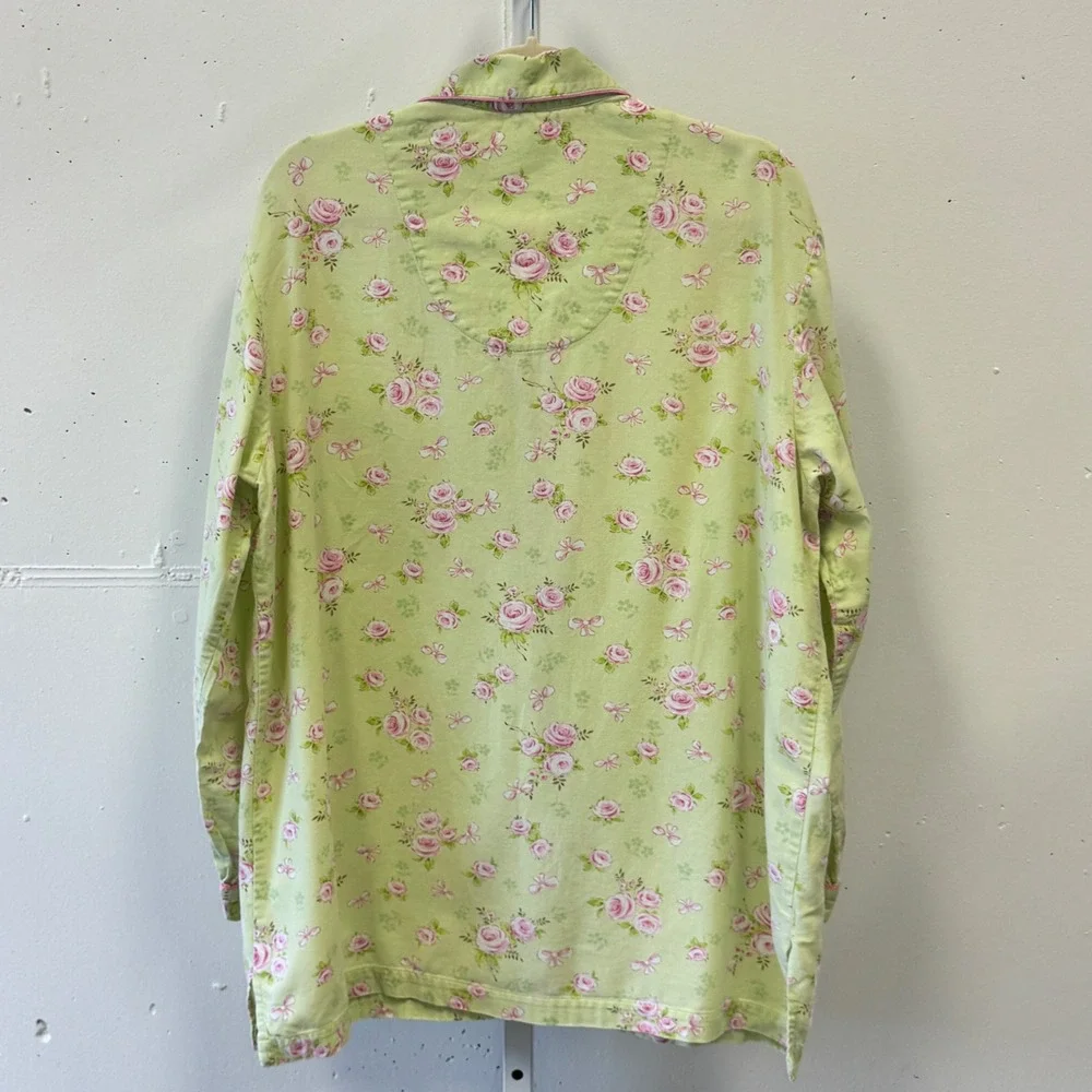 Y2K Victoria's Secret Pajama Top Large Green Pink‎ Rose Floral Cotton Button Up